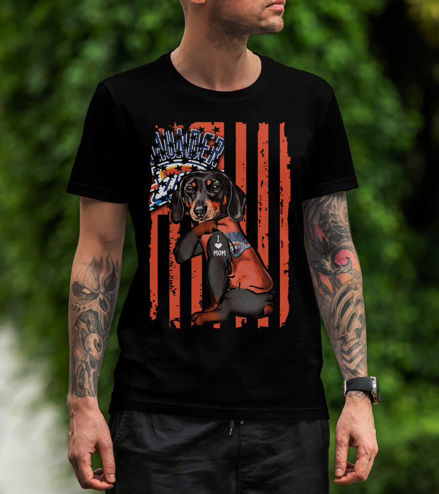 Dachshund Wearing Oklahoma City Thunder Shirt With I Love Mom Tag T-Shirt