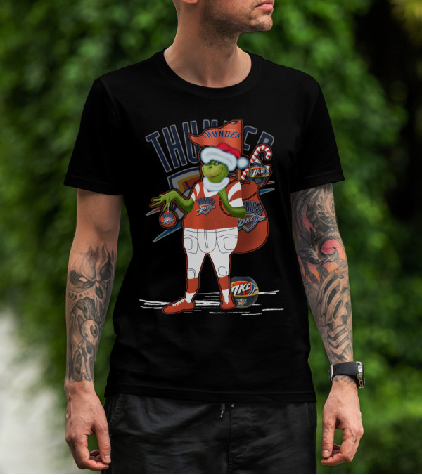 Grinchxmas Oklahoma City Thunder Holiday Basketball Character With Candy Cane And Santa Hat T-Shirt