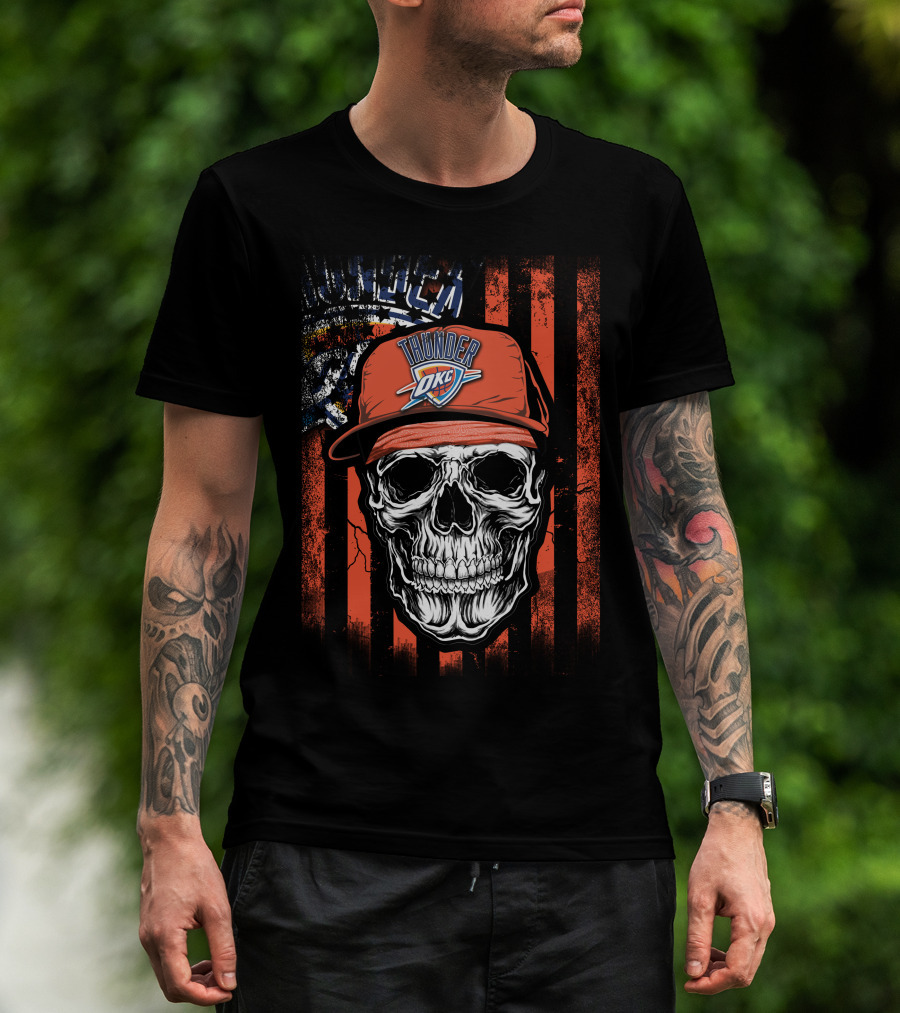 Skull Wearing Oklahoma City Thunder Cap With OKC Logo On T-Shirt