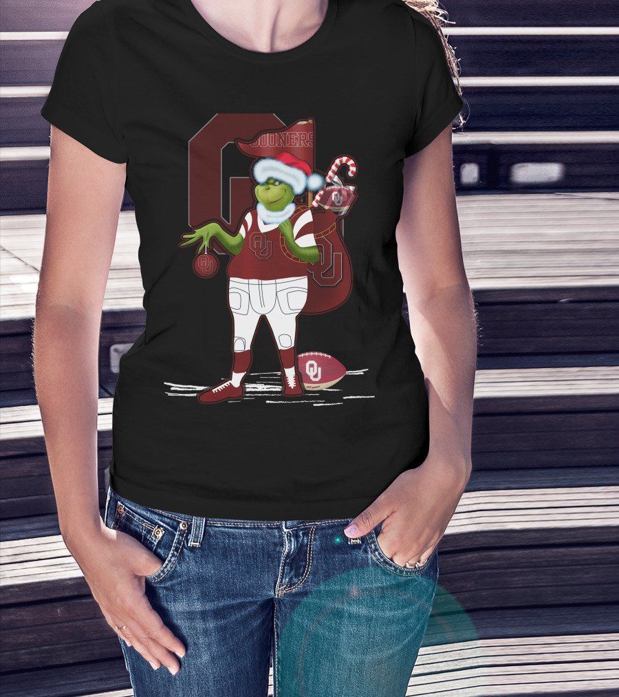 Grinchxmas Oklahoma Sooners Santa Football Sack T-Shirt