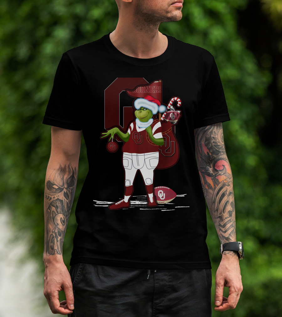 Grinchxmas Oklahoma Sooners Santa Football Sack T-Shirt