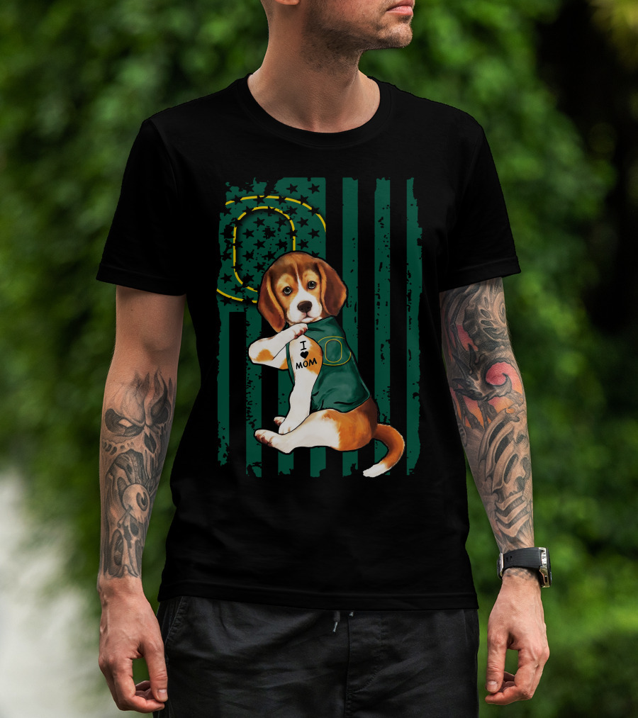 Beagle I Love Mom Oregon Ducks American Flag T-Shirt