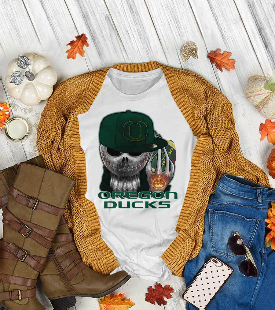 Oregon Ducks Jack Skellington Skull Halloween Football T-Shirt