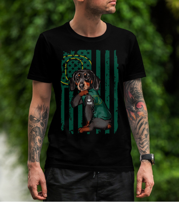 Dachshund I Love Mom Oregon Ducks American Flag T-Shirt