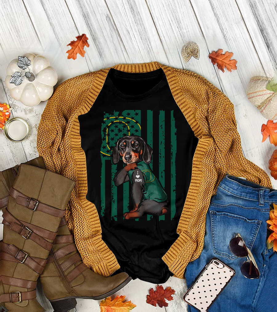 Dachshund I Love Mom Oregon Ducks American Flag T-Shirt