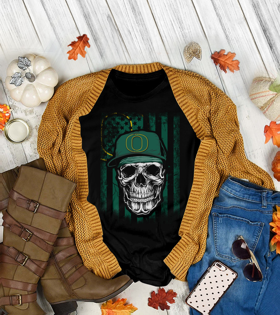 Skull with Oregon Ducks Cap on Green T-Shirt