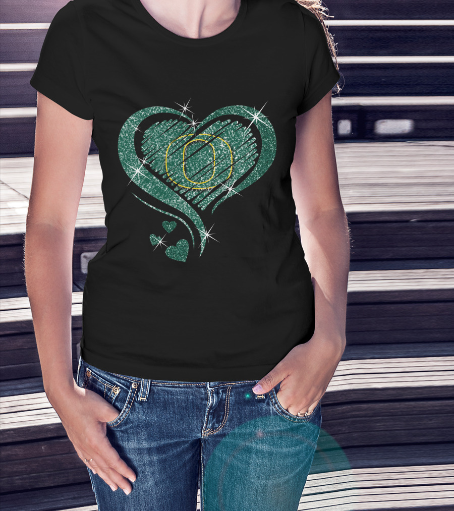 Heart Diamond Oregon Ducks Glitter Green Sparkle T-Shirt