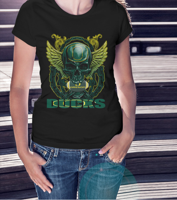 SkullFB Oregon Ducks Football Skull Design With Wings And Chains T-Shirt