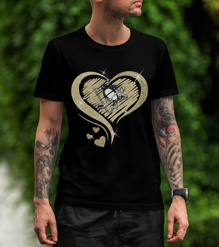 Heart Diamond Pittsburgh Penguins Logo Gold Sparkle T-Shirt