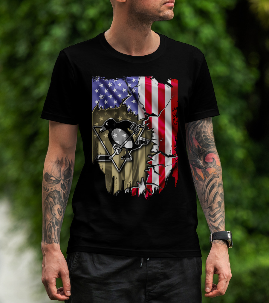 Pittsburgh Penguins American Flag Ripped Background T-Shirt