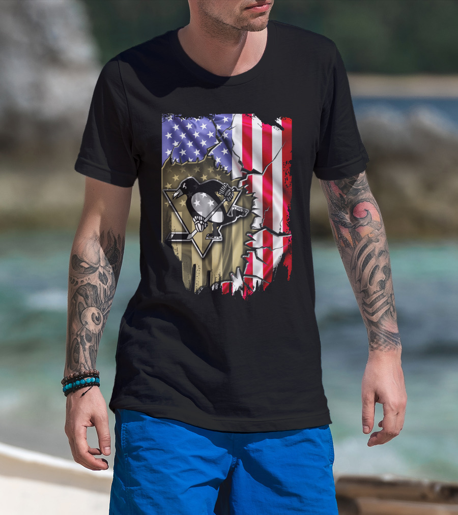 Pittsburgh Penguins American Flag Ripped Background T-Shirt