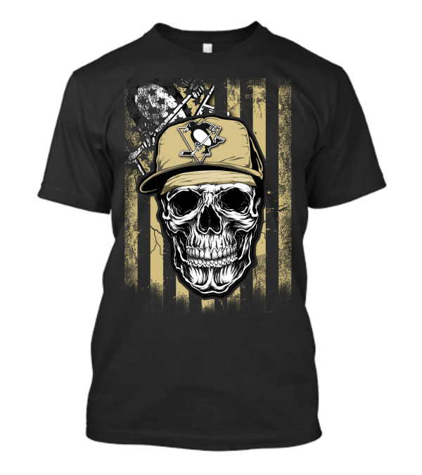 Skull Wearing Pittsburgh Penguins Logo Cap On T-Shirt