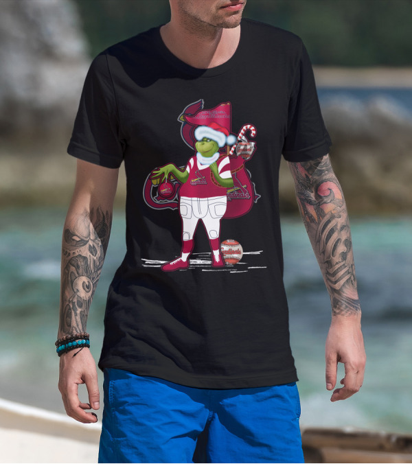 Grinchmas St. Louis Cardinals Christmas Baseball Character With Candy Cane And Baseball Gear T-Shirt