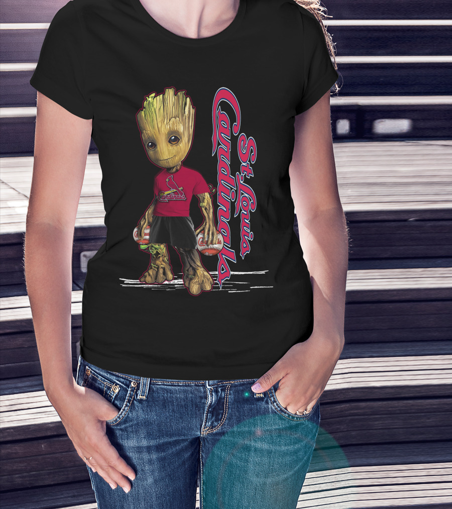 Groot St. Louis Cardinals Baseball Fan Character With Team Logo And Baseballs T-Shirt