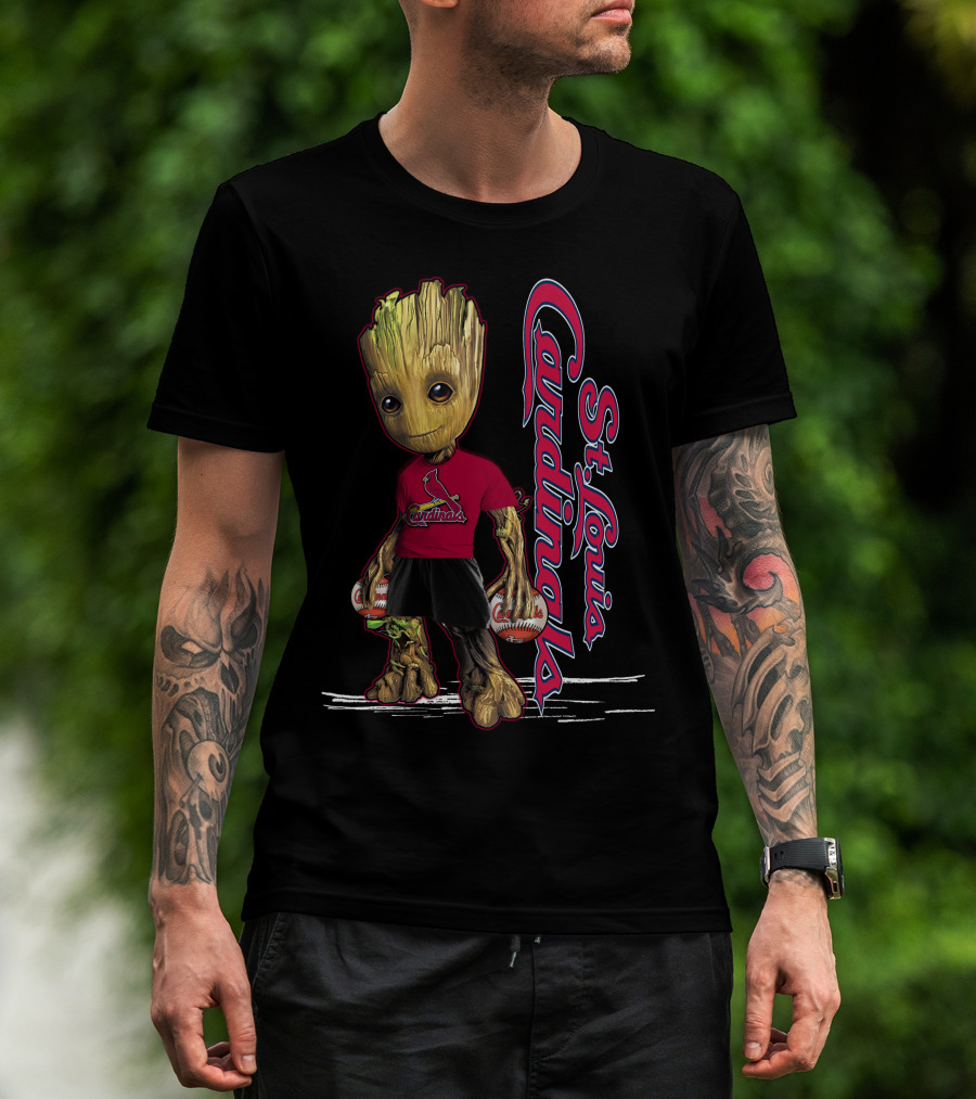 Groot St. Louis Cardinals Baseball Fan Character With Team Logo And Baseballs T-Shirt