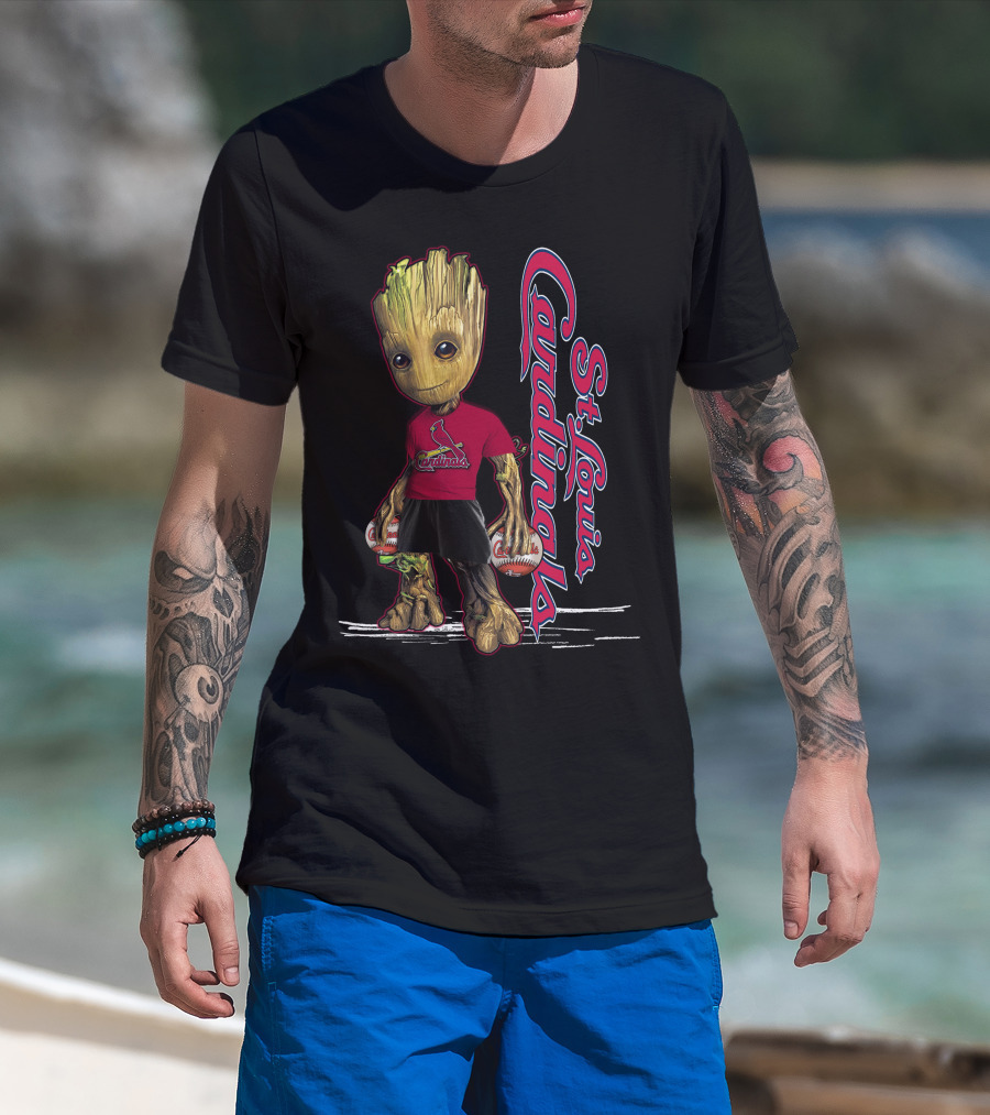Groot St. Louis Cardinals Baseball Fan Character With Team Logo And Baseballs T-Shirt