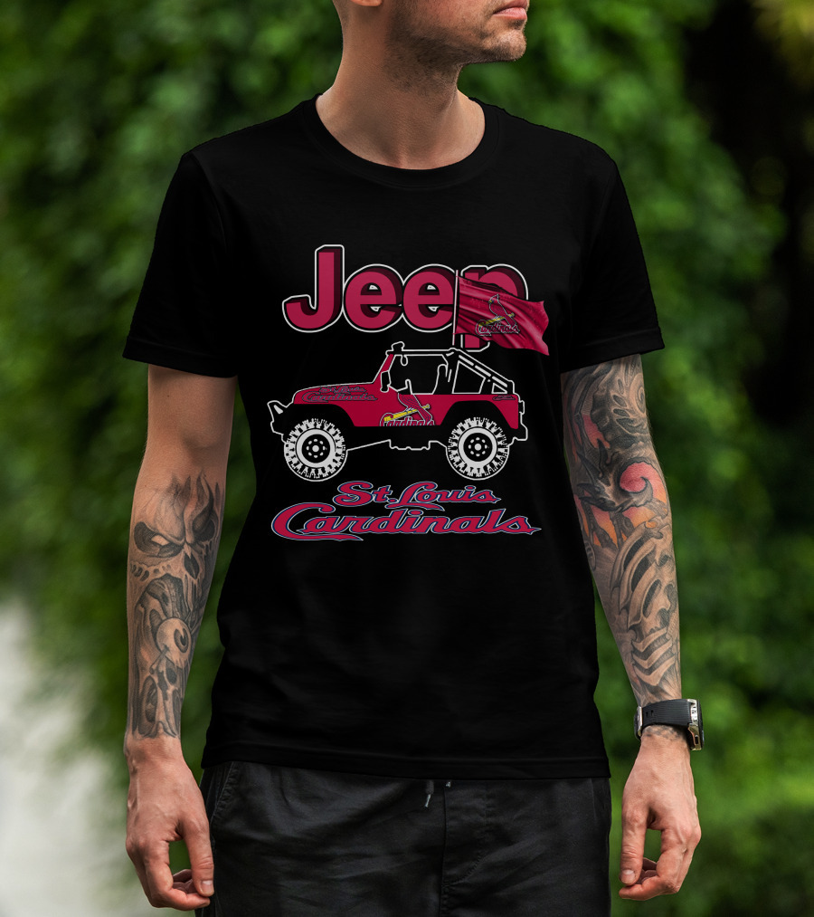 Jeep St. Louis Cardinals Logo With Red Off-Road Vehicle And Flag T-Shirt