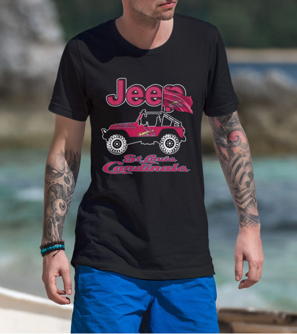 Jeep St. Louis Cardinals Logo With Red Off-Road Vehicle And Flag T-Shirt