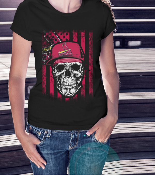 Skull St. Louis Cardinals Hat With American Flag Background T-Shirt