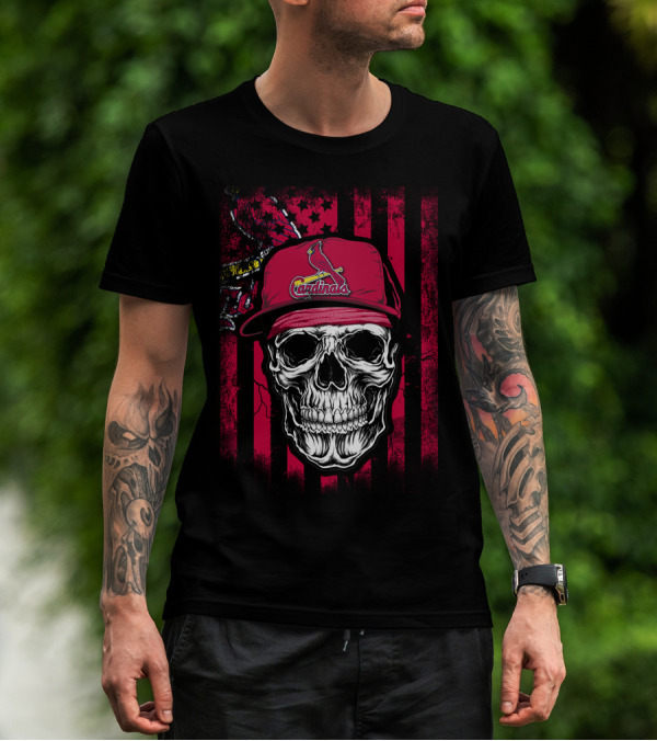 Skull St. Louis Cardinals Hat With American Flag Background T-Shirt