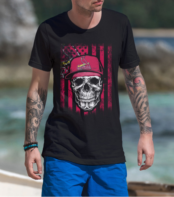 Skull St. Louis Cardinals Hat With American Flag Background T-Shirt