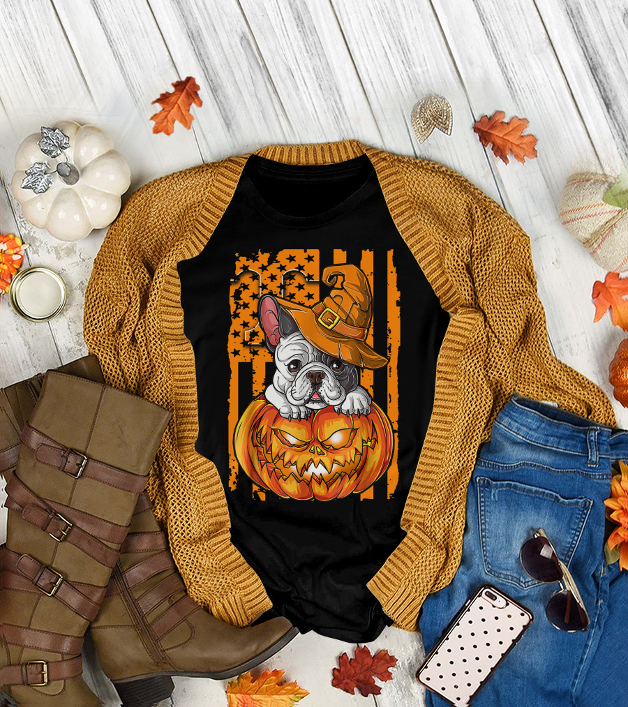 Bulldog Witch Hat Pumpkin Halloween Tennessee Volunteers T-Shirt