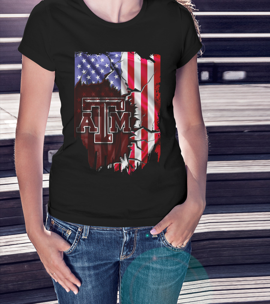 Texas A&M Aggies American Flag Torn Background T-Shirt