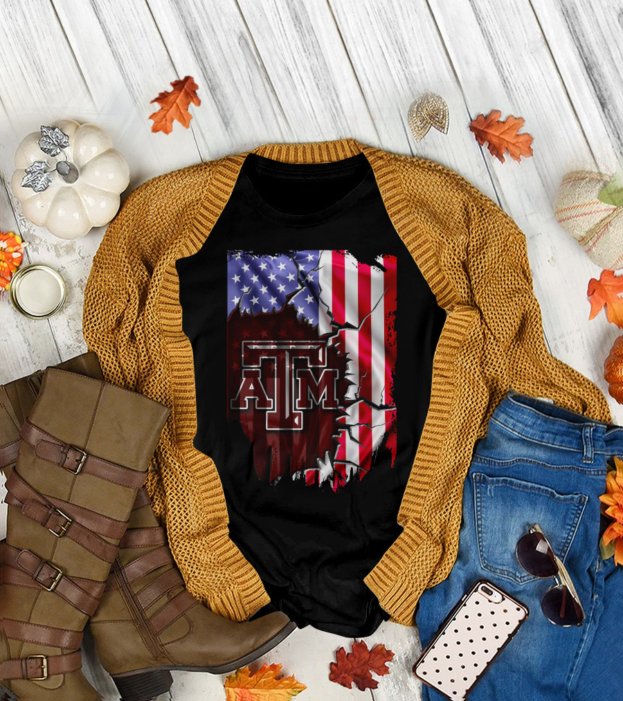 Texas A&M Aggies American Flag Torn Background T-Shirt