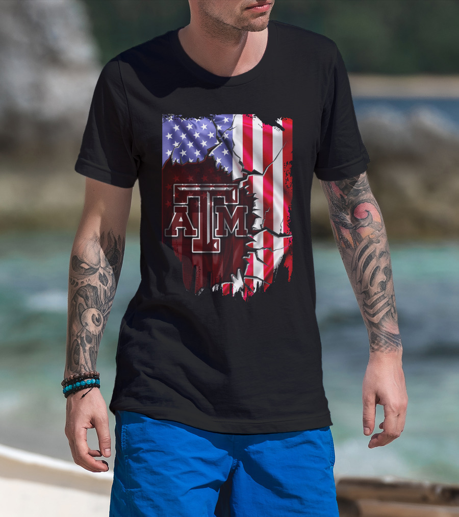 Texas A&M Aggies American Flag Torn Background T-Shirt