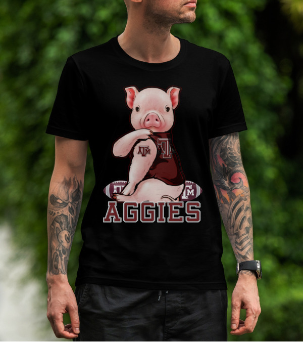 Pig Wearing Texas A&M Aggies Logo Sitting On Aggies Football T-Shirt