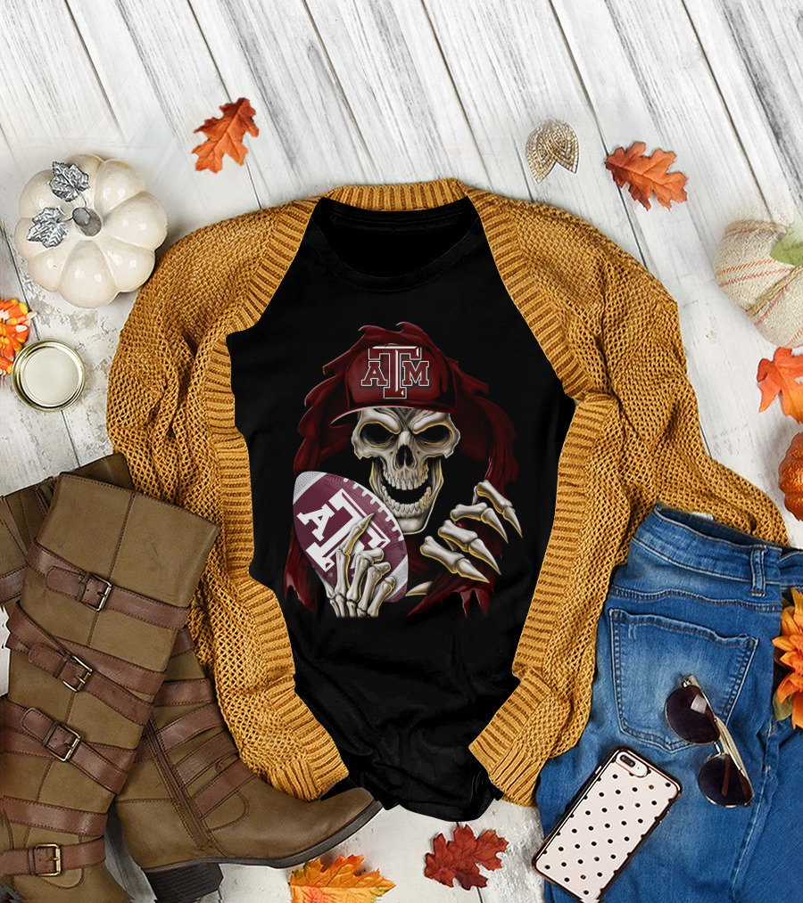 Skullbong Texas A&M Aggies Skeleton with Football and Cap T-Shirt