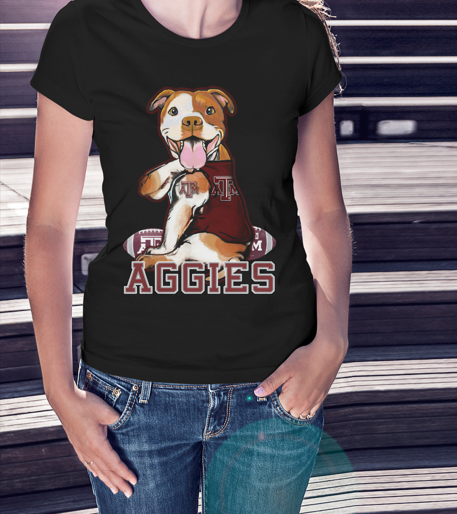 Pitbull Wearing Texas A&M Aggies Logo With Football T-Shirt