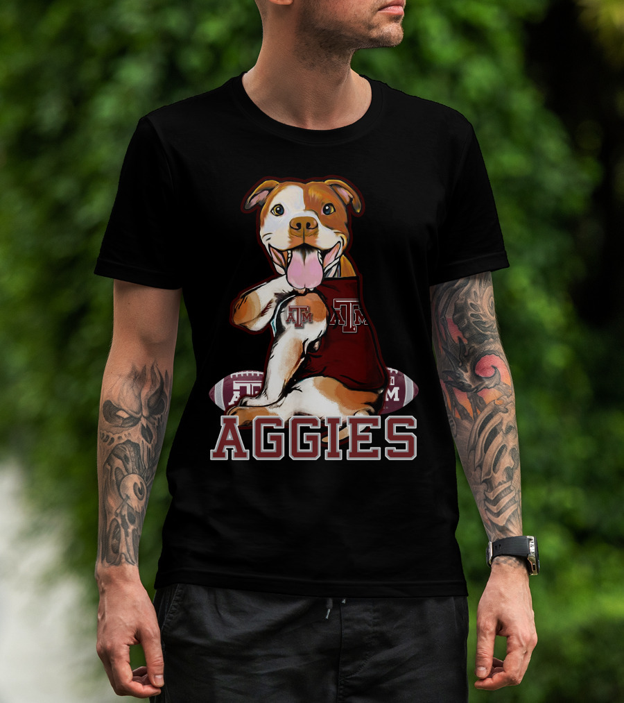 Pitbull Wearing Texas A&M Aggies Logo With Football T-Shirt