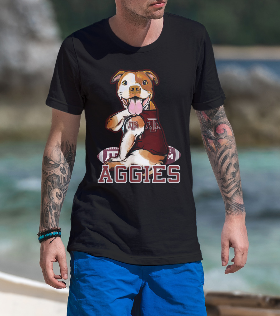 Pitbull Wearing Texas A&M Aggies Logo With Football T-Shirt