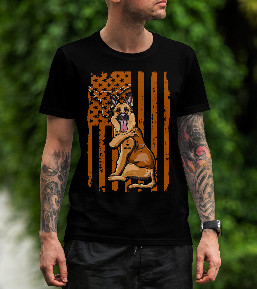 German Shepherd I Love Mom Texas Longhorns American Flag T-Shirt
