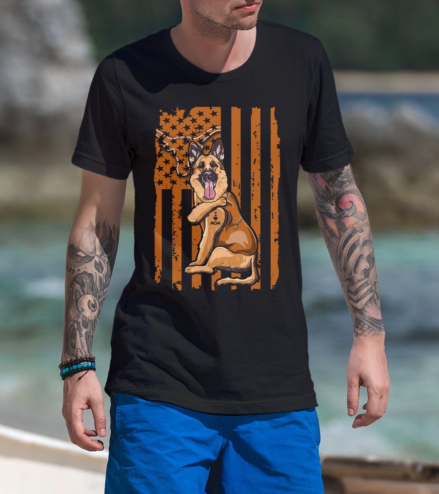 German Shepherd I Love Mom Texas Longhorns American Flag T-Shirt