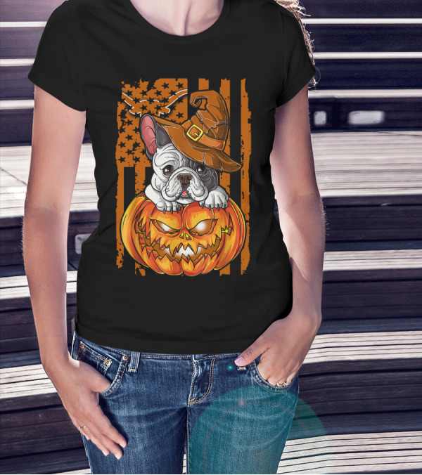 Hlw Bulldog Halloween Pumpkin Wizard Hat Stars Stripes T-Shirt