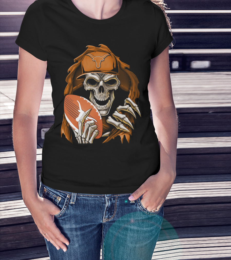Texas Longhorns Skull With Football And Cap T-Shirt