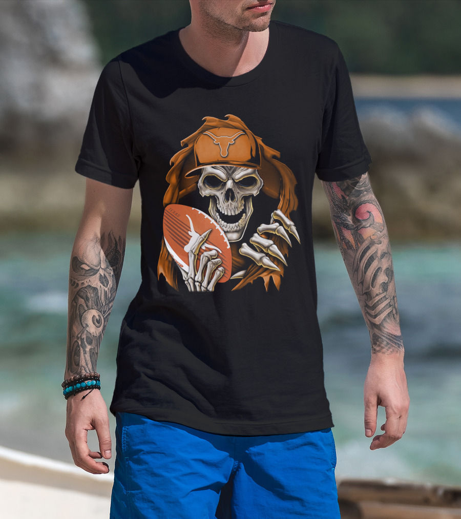 Texas Longhorns Skull With Football And Cap T-Shirt