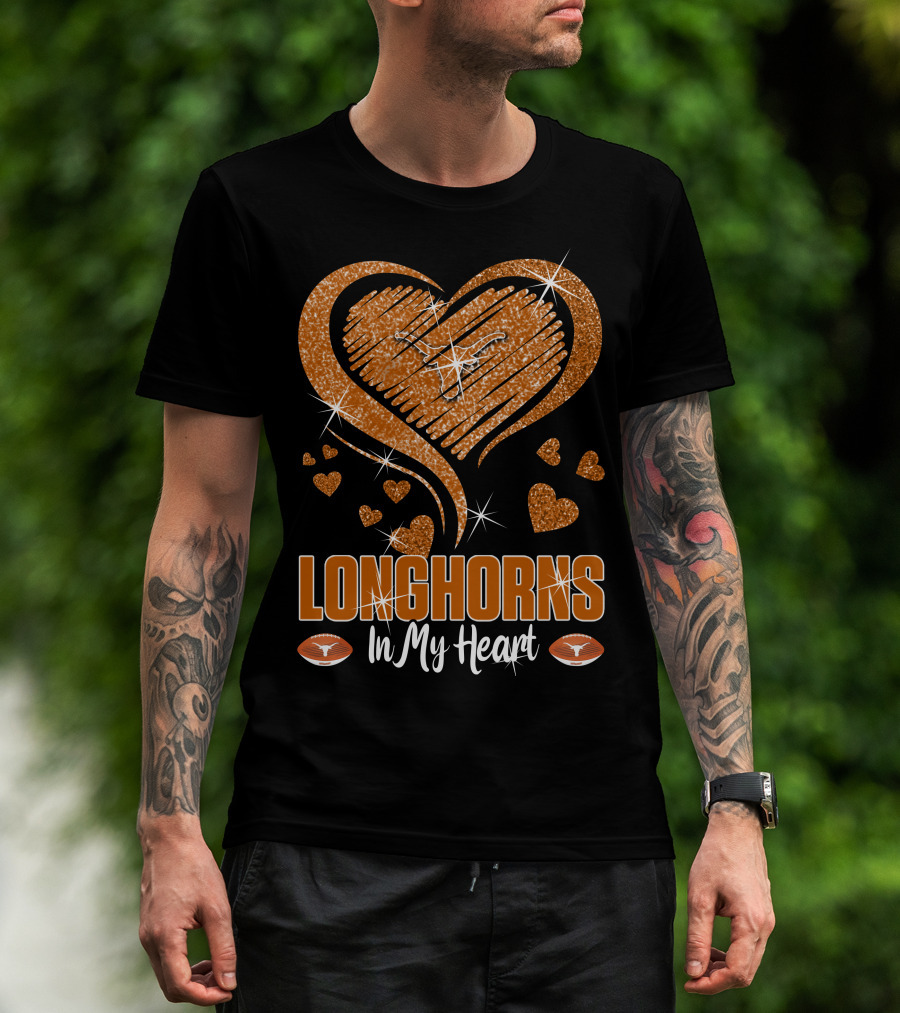 Longhorns In My Heart Glittering Orange With Football Icons T-Shirt
