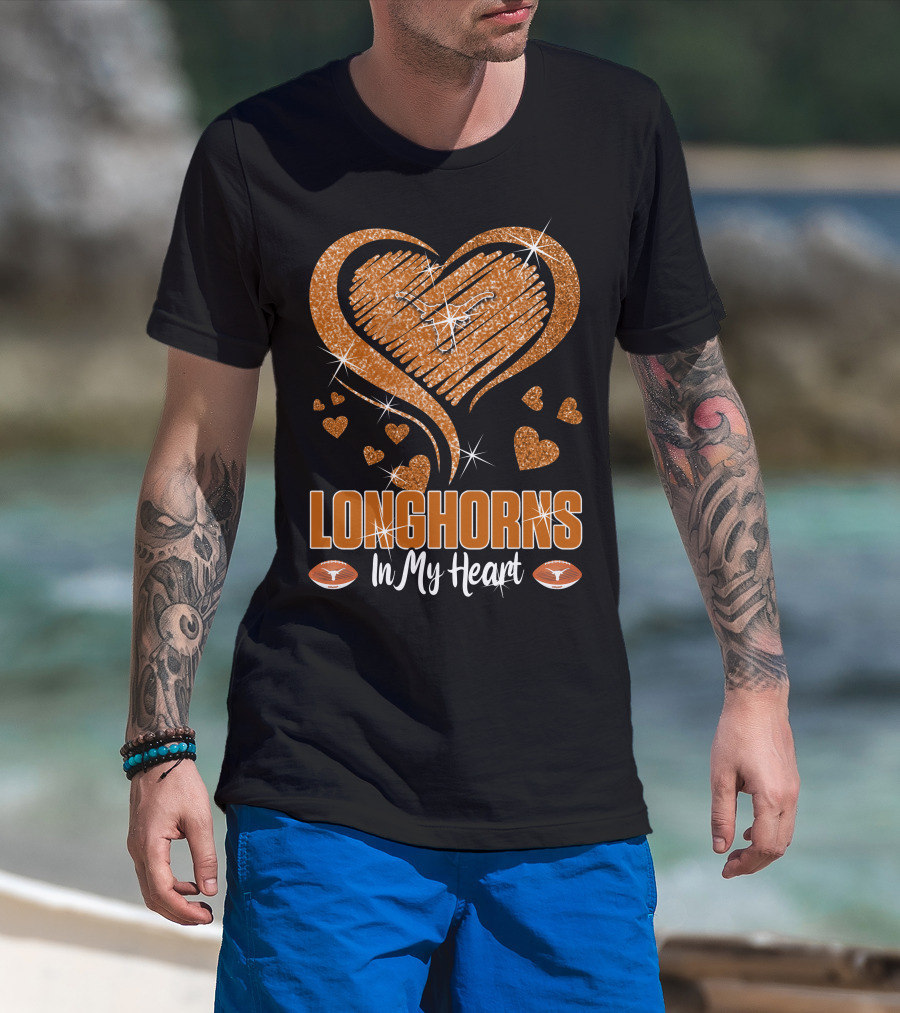 Longhorns In My Heart Glittering Orange With Football Icons T-Shirt