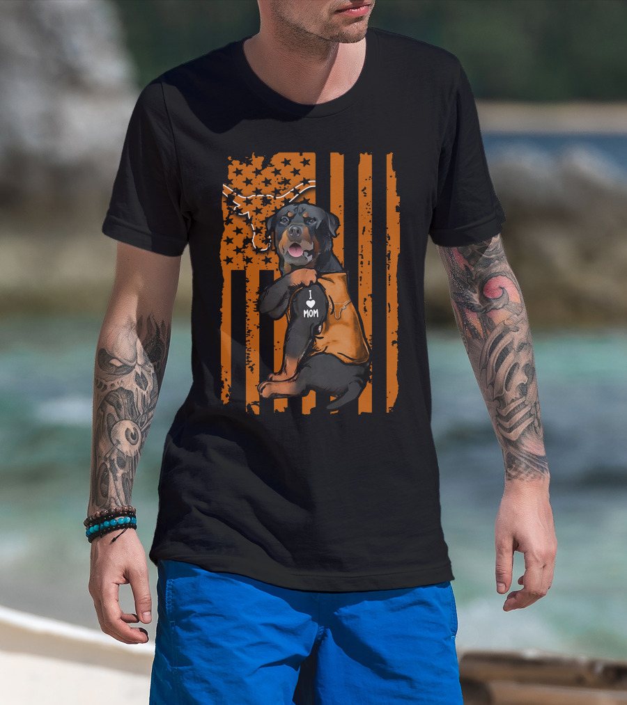 Rottweiler I Love Mom Texas Longhorns American Flag Stripes T-Shirt