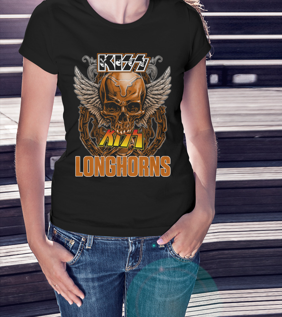 Kiss Texas Longhorns Skull With Wings And Chains T-Shirt