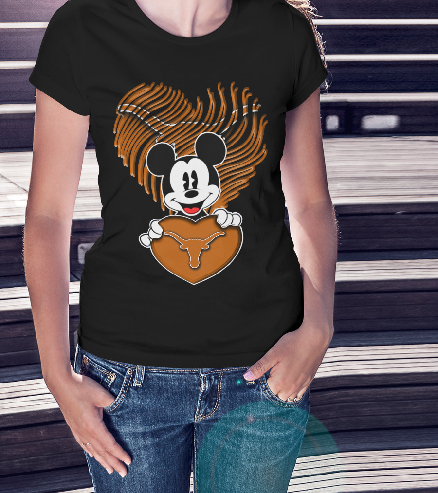 Mick Mouse And Texas Longhorns Heart T-Shirt