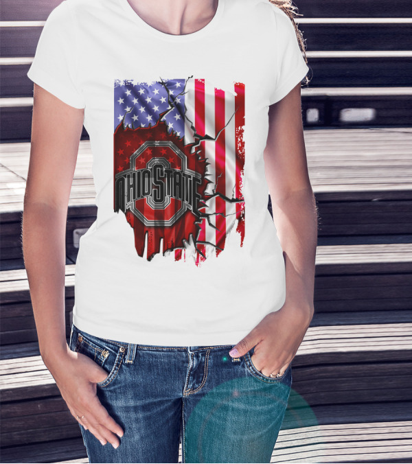 Ohio State Buckeyes Logo With Torn American Flag Background T-Shirt