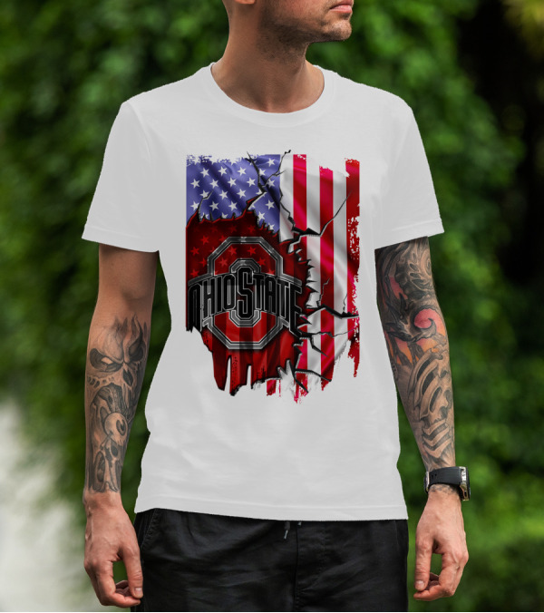 Ohio State Buckeyes Logo With Torn American Flag Background T-Shirt