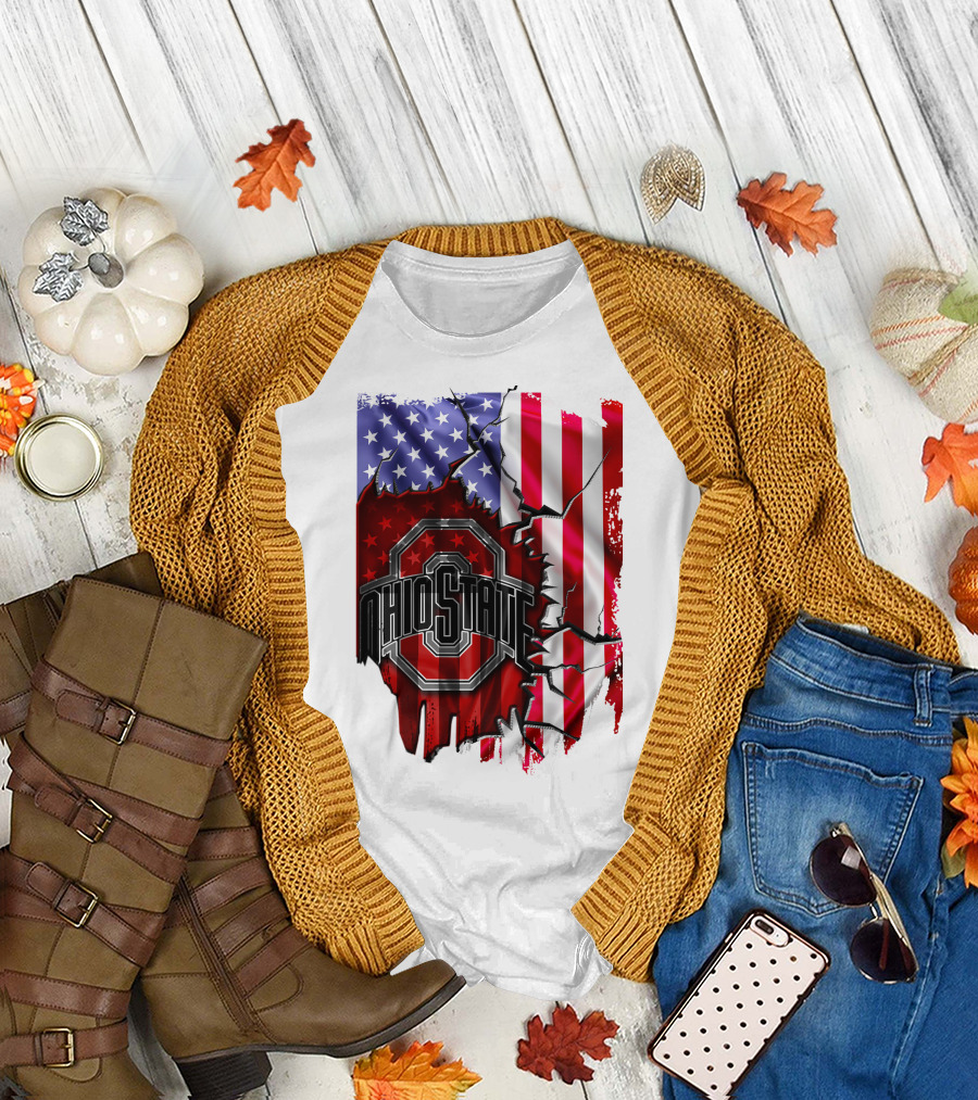 Ohio State Buckeyes Logo with Torn American Flag Background T-Shirt