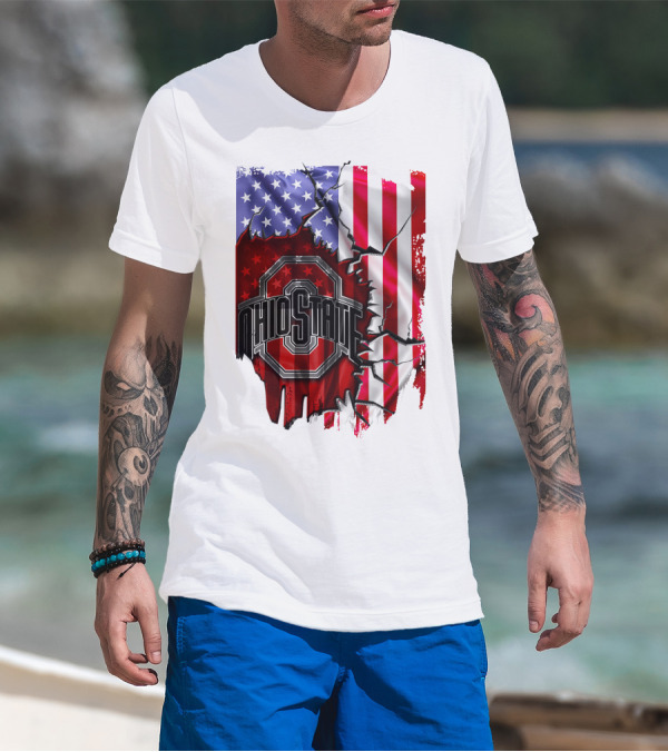 Ohio State Buckeyes Logo With Torn American Flag Background T-Shirt
