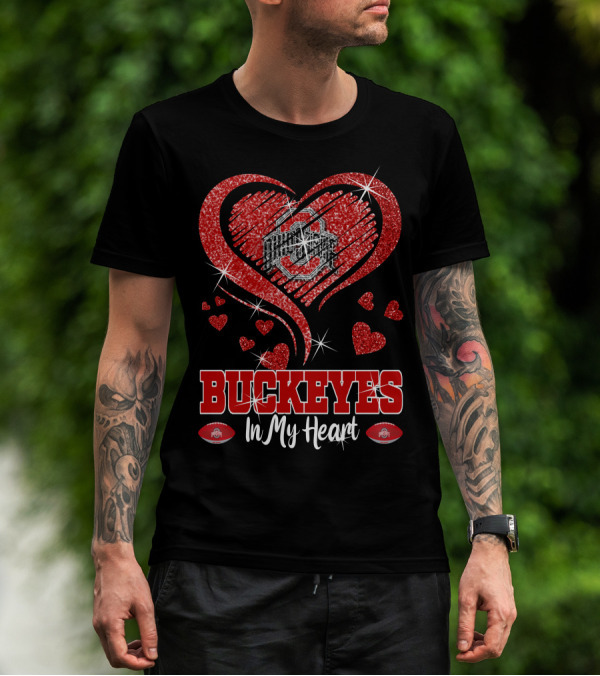 Buckeyes In My Heart Ohio State University Red Glitter Hearts Football T-Shirt