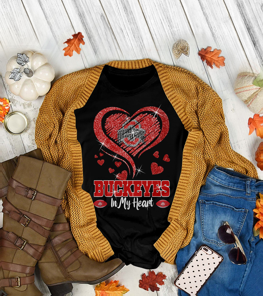 Buckeyes In My Heart Ohio State University Red Glitter Hearts Football T-Shirt